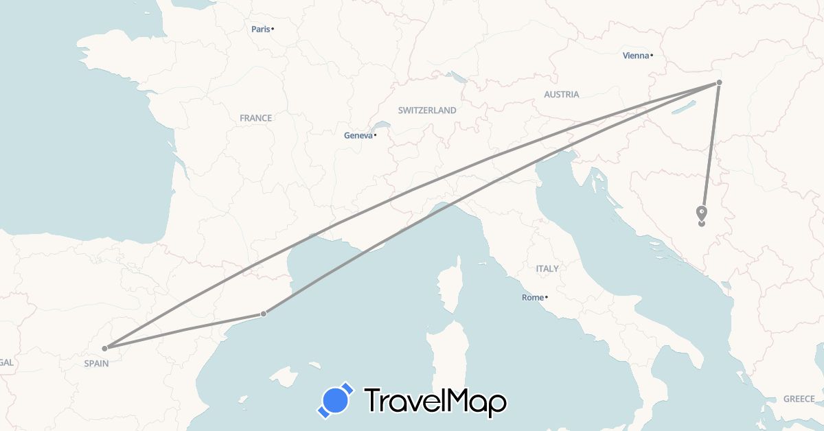TravelMap itinerary: driving, plane in Bosnia and Herzegovina, Spain, Hungary (Europe)